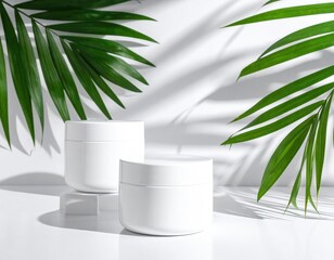 Two white jars with bright palm leaf shadow background
