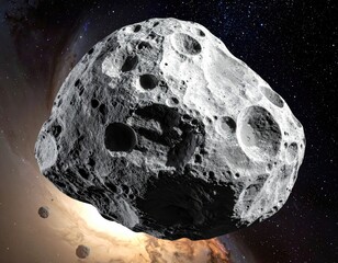 Grey asteroid with many craters against nebula background