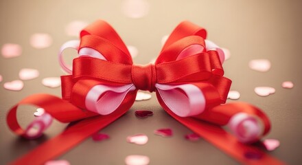 Valentine Day Red and white ribbon bow with heart confetti .Love, valentine, love, romance, romantic,