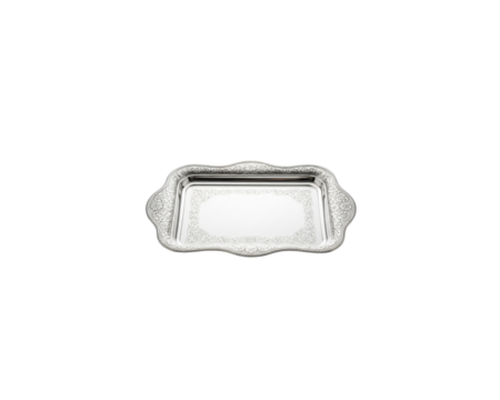 Shiny elegant silver serving tray with decorative border on transparent background for food presentation isolated