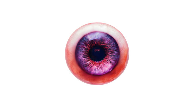 A realistic human eyeball with a purple iris isolated on a white background, a violet contact lens concept, a scary horror eye with red veins, a medical anatomy object close-up.