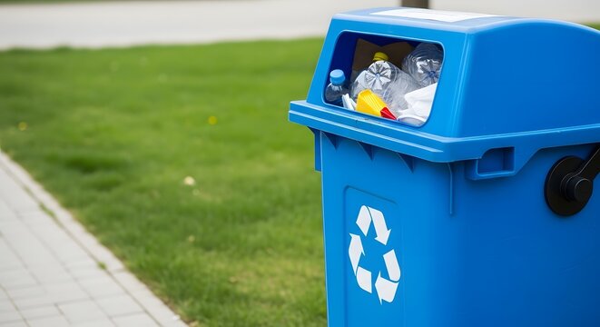 Blue recycling bin filled with plastic bottles on a grassy lawn - Powered by Adobe