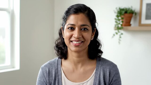 Image of a happy Indian businesswoman engaging in conversation and making eye contact with the camera in a virtual meeting. Depicts the idea of working remotely and effective communication