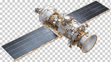 Satellite orbiting earth with solar panels in space