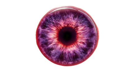 A macro close-up of a vibrant purple eyeball isolated on a white background, a detailed violet iris texture, a magic fantasy eye for design, a mesmerizing horror vision object.