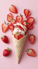 Delicious ice cream cone topped with whipped cream and fresh strawberries on a pink background with additional strawberry slices