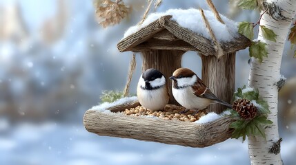 Two chickadees sharing a rustic wooden bird feeder covered in snow, creating a peaceful winter nature scene.