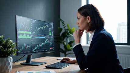Serious businesswoman analyzing financial data and stock market graphs on her computer. Female broker thinking about investment strategy - Powered by Adobe