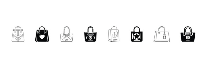 Shopping bag icon set. Outline cart, star, badge, heart, price, tag, ribbon, premium, modern, accessories, stylish, design collection, black silhouette vector.