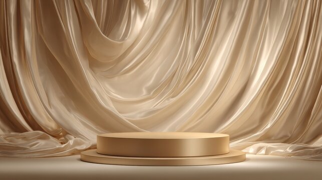 Empty champagne podium display for product presentation with flowing silk drapes