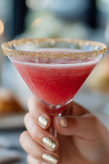 A Woman&rsquo;s Hand Holding a Red Drink in Martini Glass with a Gold Glitter Rim