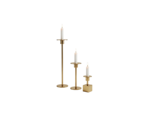 Three gold candelabras with white lit candles on clear transparent background, different heights, elegant decor