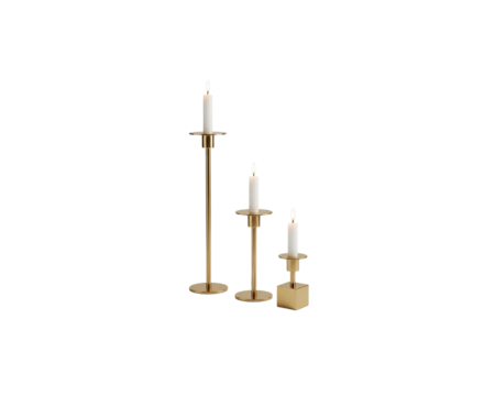 Three gold candelabras with white lit candles on clear transparent background, different heights, elegant decor