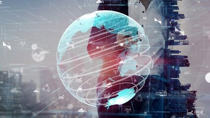 A businessman interacts with a digital globe and network icons, illustrating the fusion of technology and global connectivity in an urban landscape. Xenic
