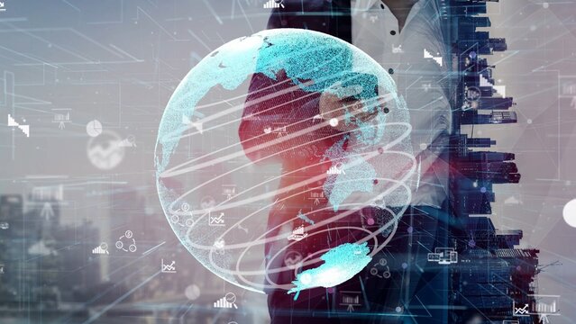 A businessman interacts with a digital globe and network icons, illustrating the fusion of technology and global connectivity in an urban landscape. Xenic