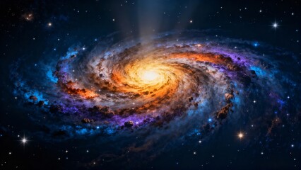 Vibrant cosmic spiral galaxy in deep space with stars and light rays