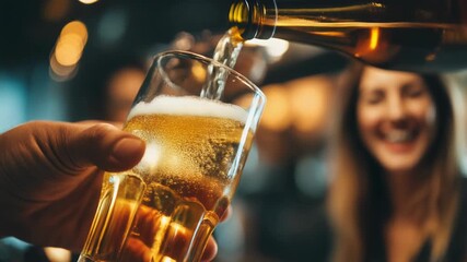 Refreshing Beer Being Poured Into a Glass at a Bar with Bokeh Lights - Powered by Adobe