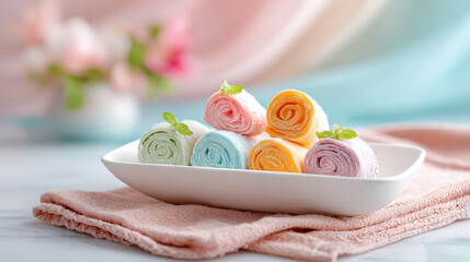 Colorful rolled desserts served on a white plate with mint leaves, showcasing an artistic presentation against a softly blurred background