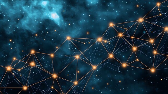 The image showcases a network of glowing orange nodes connected by thin lines, set against a deep blue and cyan space background filled with numerous tiny stars and faint nebulous formations.