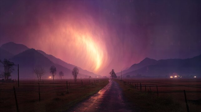 Surreal, colorful reflection of neon city lights on wet, polished city street