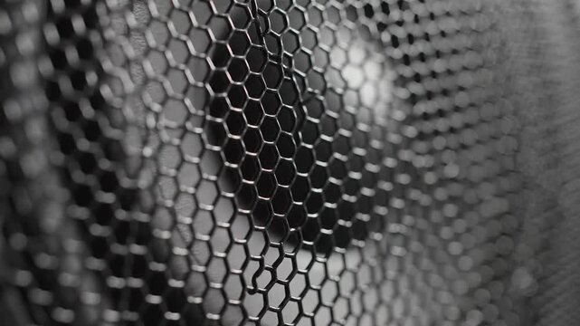 Close up of a textured metal grill pattern with soft lighting and bokeh effect