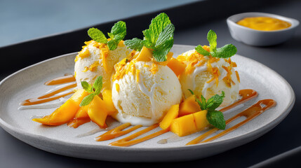 Delicious mango and vanilla ice cream dessert garnished with fresh mint and mango slices on a grey plate