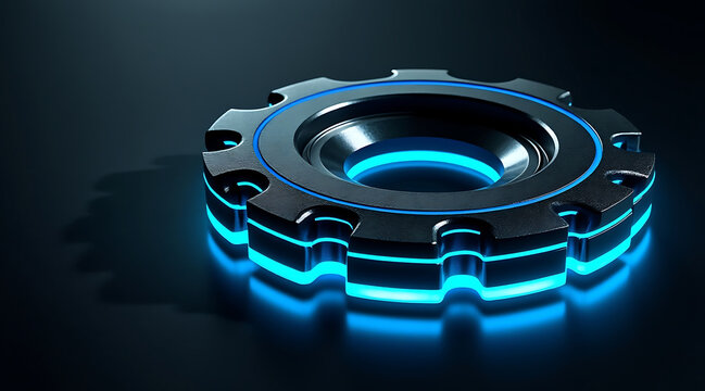 Futuristic metallic gear with glowing blue neon edges on dark background, symbolizing technology and innovation