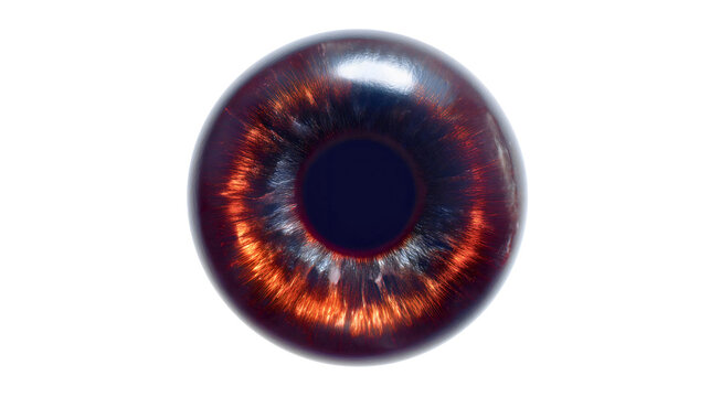 A fiery dark orange eyeball isolated on a plain background, a scary demon iris with black edges, a horror fantasy vision object, a burning supernatural eye close-up. - Powered by Adobe