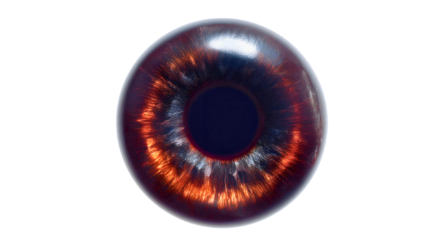 A fiery dark orange eyeball isolated on a plain background, a scary demon iris with black edges, a horror fantasy vision object, a burning supernatural eye close-up.