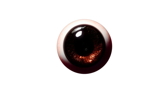 A dark red human eyeball isolated on a white background, a scary brown iris texture, a horror zombie vision object, a creepy medical anatomy model close-up.