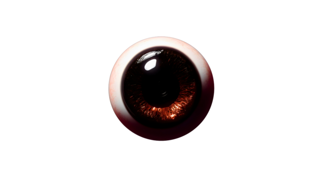 A dark red human eyeball isolated on a white background, a scary brown iris texture, a horror zombie vision object, a creepy medical anatomy model close-up.