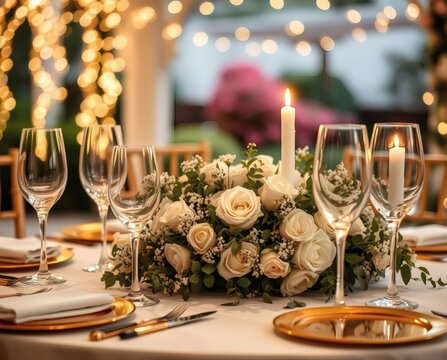 Elegant table setting with white roses and candlelight for a romantic evening celebration