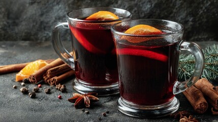 Mulled wine with cinnamon, spices, and orange on a concrete background &ndash; a traditional winter holiday drink. Mulled wine recipe and menu. Festive mugs of mulled wine surrounded by spices