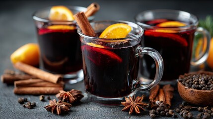 Mulled wine with cinnamon, spices, and orange on a concrete background &ndash; a traditional winter holiday drink. Mulled wine recipe and menu. Festive mugs of mulled wine surrounded by spices