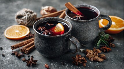 Mulled wine with cinnamon, spices, and orange on a concrete background &ndash; a traditional winter holiday drink. Mulled wine recipe and menu. Festive mugs of mulled wine surrounded by spices