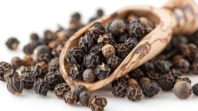Detailed macro image of black peppercorns in a wooden scoop against a white background