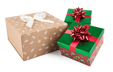 Gift boxes with red bows isolated on white background, clipping path included