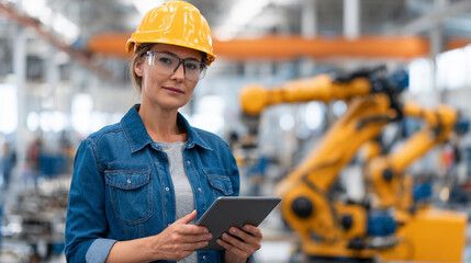 Professional woman in safety gear using tablet in manufacturing facility with robotic arms in the background