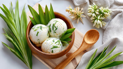 Creamy ice cream scoops garnished with fresh herbs in a wooden bowl, surrounded by green leaves and flowers on a neutral backdrop