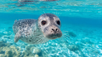 Fototapeta premium Curious seal explores clear ocean waters near coral reefs during a sunny day