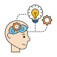 A spark of ideas ignites in a man's mind, gears of creativity turning as strategy, curiosity, and ambition merge, forming the core mechanism of a startup vision.
