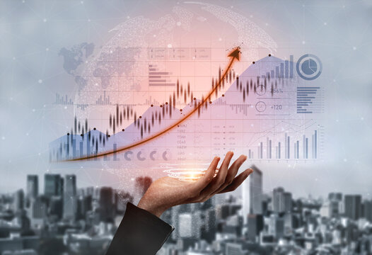 Visual representation of financial growth featuring a hand holding a rising chart against a city skyline and globe background, showcasing success in business and investment. Scalp