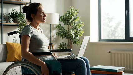 Young woman with a physical disability is seated in a wheelchair, working remotely on her laptop. The paralyzed freelancer looks content as she types away