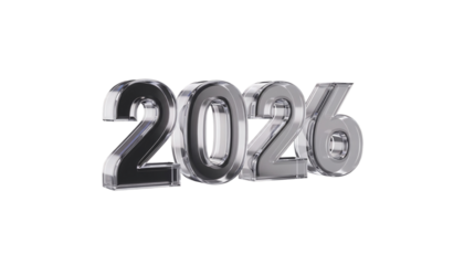 Transparent 3D Rendering of the Year 2026 Displayed on a White Background
