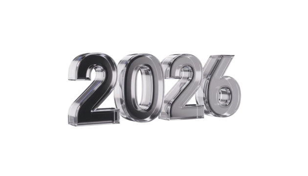 Transparent 3D Rendering of the Year 2026 Displayed on a White Background