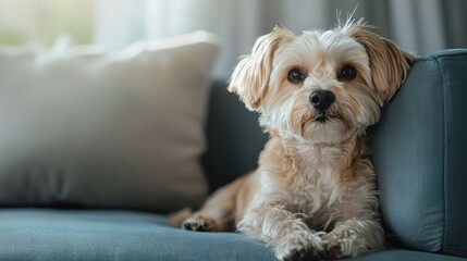 A cute dog portrait of a small breed sitting calmly on a sofa, with soft lighting.