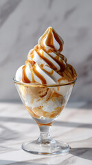 Creamy ice cream swirl topped with caramel sauce in a glass dessert bowl against a marbled background