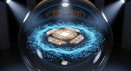 Glowing digital data flows surround a central processing unit encased within a transparent sphere