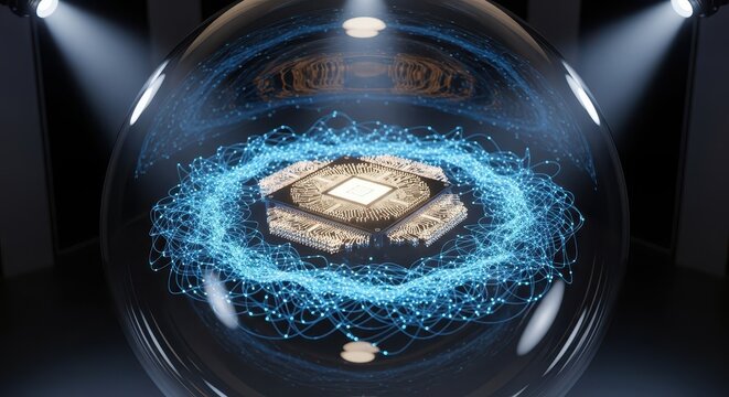 Glowing digital data flows surround a central processing unit encased within a transparent sphere - Powered by Adobe