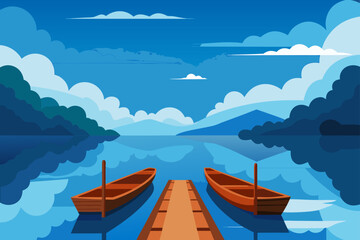 Obraz premium Small fishing boat on the calm lake water under a blue summer sky near the coast